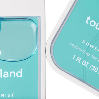Touchland power mist hydrating hand sanitizer bottles in turquoise packaging showing product details and branding