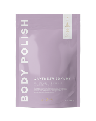 Bonblissity Body Polish Scrub in a lavender purple resealable pouch with cruelty-free and vegan icons.