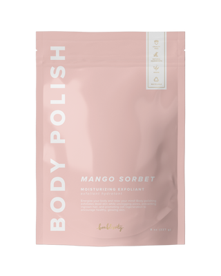 Bonblissity Body Polish Scrub Mango Sorbet moisturizing exfoliant in a pink resealable pouch packaging.