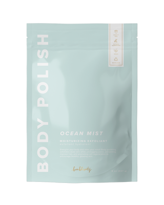 Bonblissity Ocean Mist Body Polish moisturizing exfoliant scrub package in mint green pouch