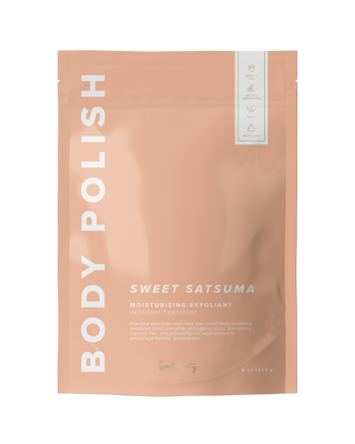 Body Polish Sweet Satsuma moisturizing exfoliant in peach-colored packaging by Bonblissity, 8 oz size.