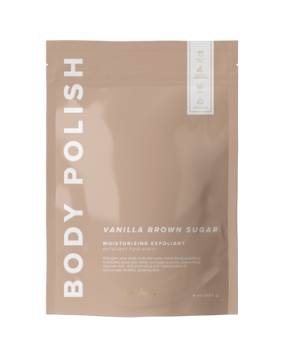 Brown sugar body polish scrub package with vanilla scent, moisturizing exfoliant in resealable pouch
