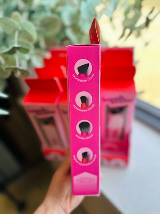 Pink makeup brush set packaging showing four different brush types with circular icons on vertical box