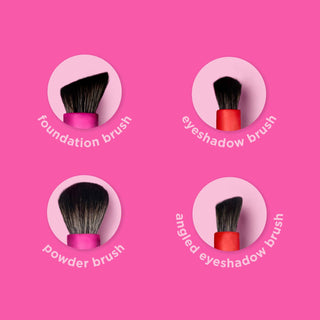 Four different makeup brushes displayed in circles showing foundation, eyeshadow, powder, and angled eyeshadow brush types.