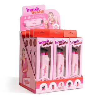Display box of Brush Bestie retractable makeup brushes with pink packaging and product branding.