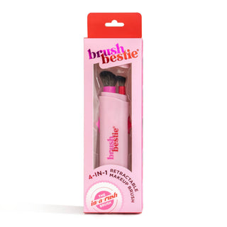 Brush Bestie 4-in-1 retractable makeup brush in pink packaging with clear window display