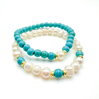 Two beaded bracelets with turquoise stones, white pearls, and gold accent spacers on white background.
