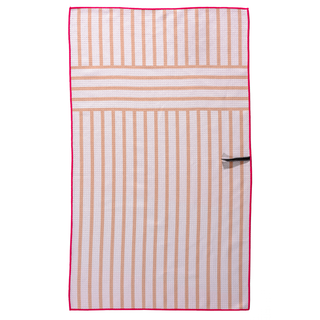 Pink and peach striped kitchen towel with bright pink border and hanging loop