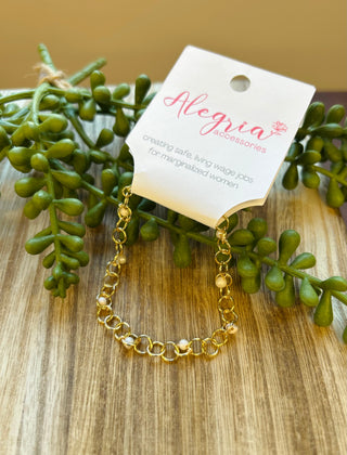 Gold chain link bracelet on wooden surface with green succulent plants and Alegria Accessories product tag.