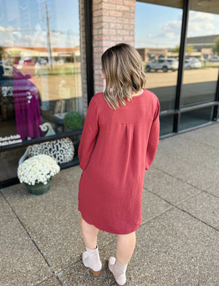 Woman modeling a balloon sleeve mini dress paired with ankle booties, back view shown.