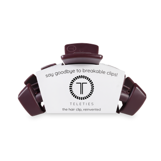 TELETIES hair clip in burgundy color with branded packaging displaying "say goodbye to breakable clips" message
