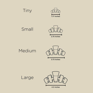 Size chart showing four hair clip sizes from tiny to large with measurements in inches.