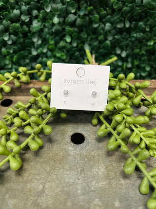 OMG Bling Classic Solitaire Stud Earrings on display card surrounded by green foliage and plants.