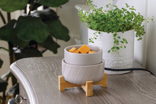 White ceramic wax warmer with wooden stand on table, orange wax melts inside, plants in background.