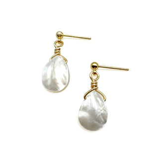 Gold wire-wrapped earrings with teardrop-shaped iridescent shell pendants on stud posts.