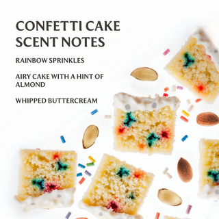 Confetti cake slices with rainbow sprinkles and almonds showcasing Touchland Power Mist scent notes.