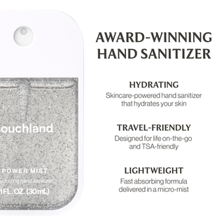 Touchland Power Mist hydrating hand sanitizer spray bottle with glitter formula, highlighting key product benefits.
