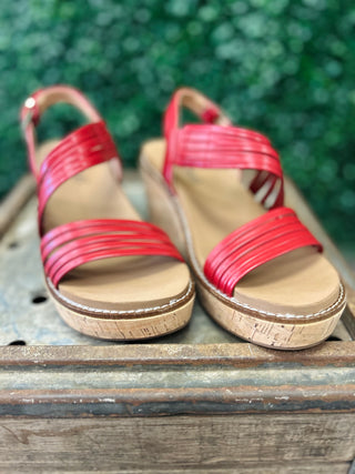 Red strappy wedge sandals with cork soles displayed on rustic wooden surface with green foliage background.