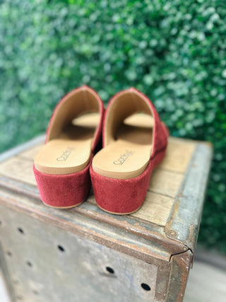 Pair of suede slip-on flats displayed heel-up on a rustic wooden crate with greenery backdrop.