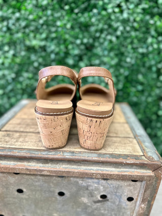 Corkys wedge sandals with cork block heels and tan leather straps, rear view.