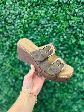 Corkys Double Dare suede wedge slide sandal with double gold buckle straps and cork platform.