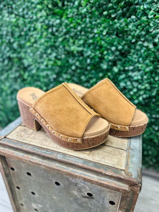 Corkys Gaslight suede platform wedge mule sandals with cork sole and gold stud detailing.