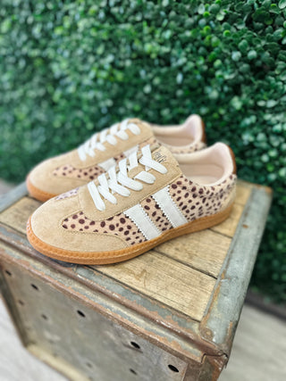 Corkys Heads Up Sneaker with leopard print panels, suede detailing, white laces, and gum sole.