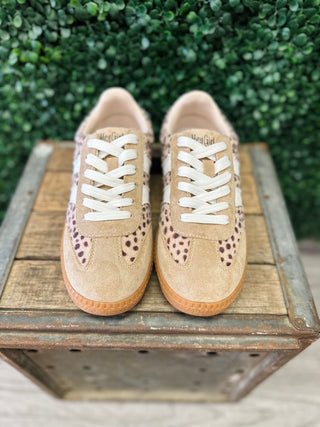 Corkys Hey Girl suede sneakers with leopard print accents, white laces, and gum sole displayed on wooden crate.