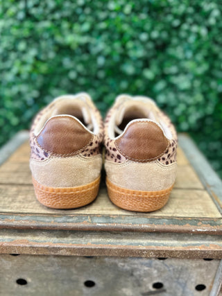 Corkys Heads Up Sneaker rear view showing suede heel, leopard print sides, and gum sole.