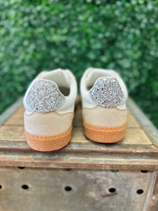 Corkys Heads Up Sneaker rear view showing glitter heel tab, white upper, and gum sole.