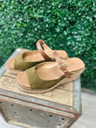 Corky's suede wedge sandals with ankle strap buckle displayed on rustic wooden crate against green foliage backdrop.
