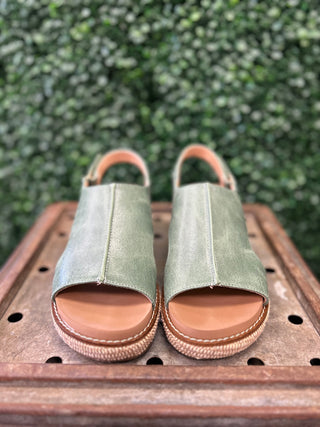 Corky's Volta open-toe wedge sandals with metallic upper and textured sole displayed on wooden surface