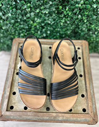 Black strappy wedge sandals with ankle straps displayed on wooden surface against green foliage background.