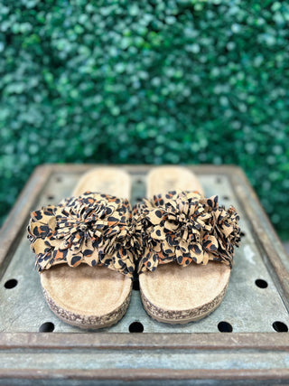 Corky's Wild Child leopard print sandals with ruffled straps on wooden surface with green background