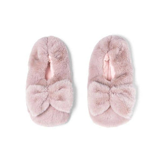 Pink fuzzy slippers with bow detail and plush faux fur material for comfort