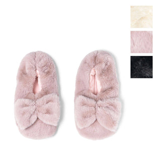 Pink fuzzy slippers with crossed straps and color option swatches showing available variations.