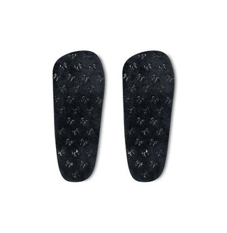 Black heated slipper insoles with textured grip pattern, showing bottom view of both feet.