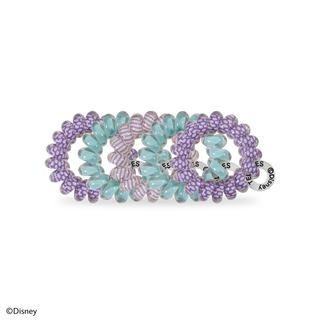 Set of five spiral hair ties in purple and teal colors with Disney branding