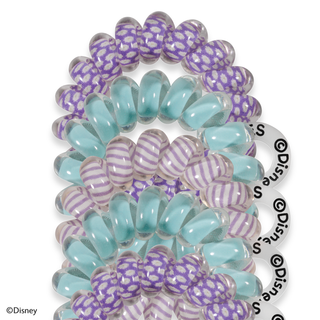 Three spiral hair ties in purple and turquoise patterns with Disney branding on white background.
