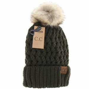 Solid Lattice Stitch Fur Pom Beanie