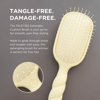 TELETIES Detangler Cushion Brush with flexible bristles shown from multiple angles on gray background