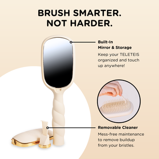 TELETIES detangler hair brush with built-in mirror, storage compartment, and removable cleaner for maintenance.
