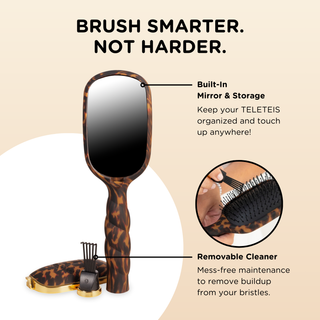 TELETIES detangler hair brush with tortoise pattern featuring built-in mirror, storage compartment, and removable cleaner ...