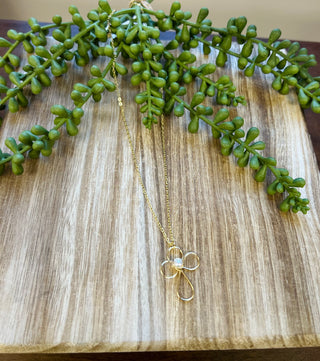 Gold dove necklace with delicate chain displayed on wooden surface with green succulent plants