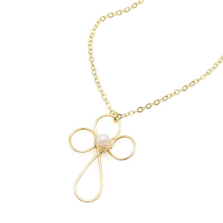 Gold wire cross pendant necklace with white pearl center on delicate chain