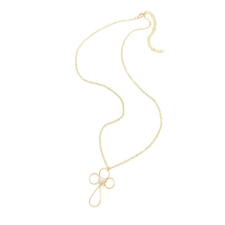 Gold chain necklace featuring a delicate dove pendant with open geometric design and pearl accent.