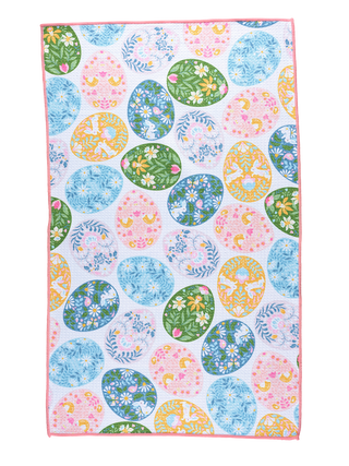 Colorful kitchen towel with decorative Easter egg pattern featuring floral designs and spring motifs