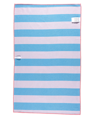 Striped kitchen towel with alternating blue and pink horizontal stripes and textured fabric pattern.
