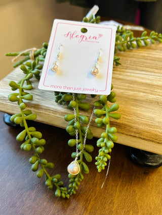 Alegria Accessories jewelry set with matching earrings and necklace displayed on wooden surface with green succulent plants.