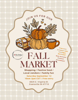 Fall market event flyer with pumpkins, cozy blanket, and hot beverage for 728 Chic Boutique.